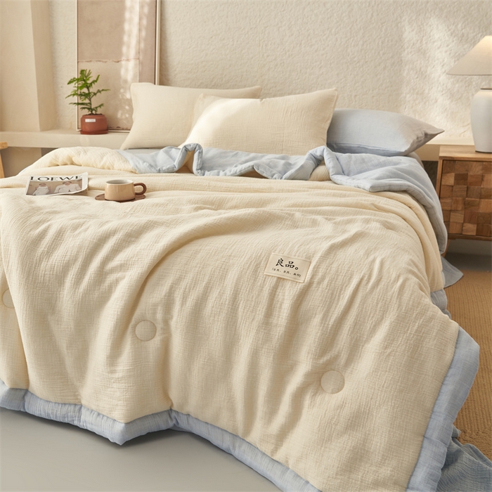 91家纺网 家纺一手货源 找家纺 金鹰2025新款A类纯棉皱皱纱大豆夏被四件套全棉夏凉被空调被 皱皱纱-米黄