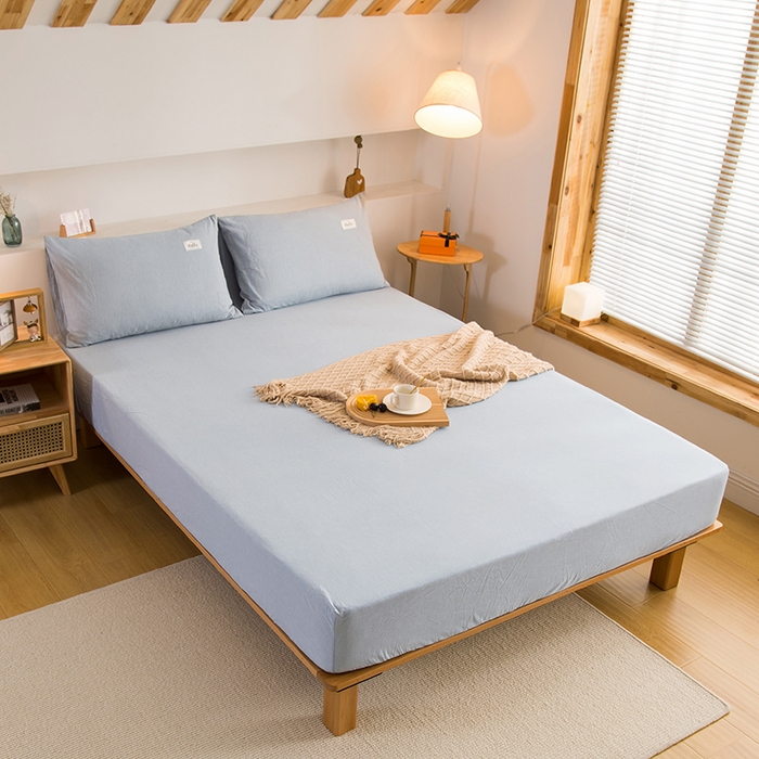 91家纺网 家纺一手货源 找家纺 柠萌家居 2025新款A类全棉色织水洗棉单床笠 浅水蓝