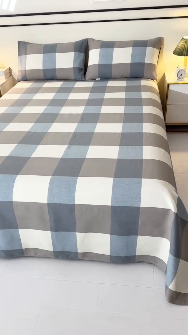 91家纺网 家纺一手货源 找家纺 望淮家纺 2025新款老粗布凉席床单三件套 蓝大格