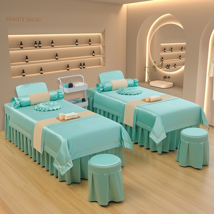 芙怡 2025春夏新款8028款冰丝绒美 容床罩-一字绣系列 一字绣-湖蓝