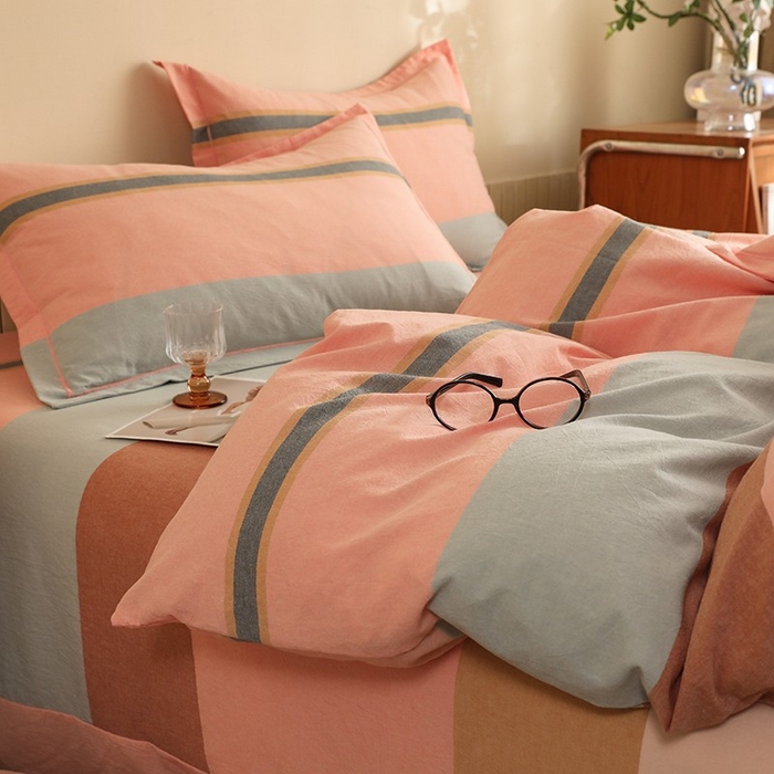 91家纺网 家纺一手货源 找家纺 木易家居 2025新款全棉色织水洗棉四件套莫兰迪-粉