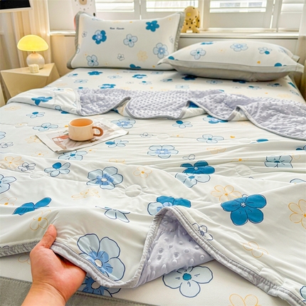 雯豆2025夏季新品冰丝碳光凉席+凉感丝印花夏被四件套卡通小清新绑带席子四件套 冰丝夏被四件套-漫雨