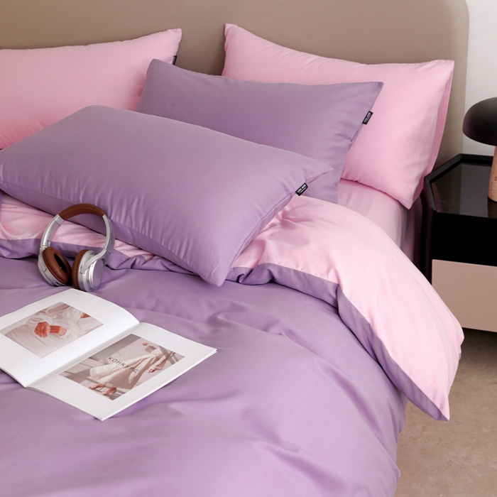91家纺网 家纺一手货源 找家纺 2025年纯色双拼60支纯棉被套 丁香紫+白桃粉