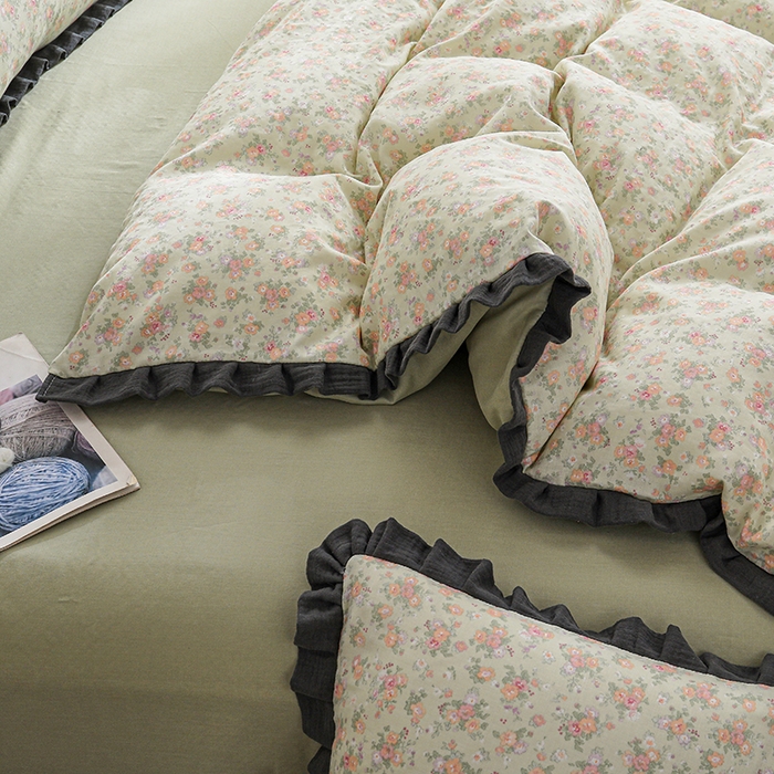 91家纺网 家纺一手货源 找家纺 2025新款A类纯棉双层纱皱皱纱花边四件套（复古风） 清逸