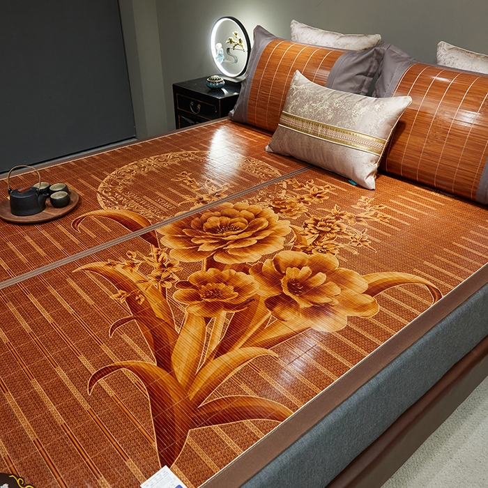 91家纺网 家纺一手货源 找家纺 苏迪凉席竹席2025新款竹席凉席冰丝席碳化双面印花藤草席 花好月圆