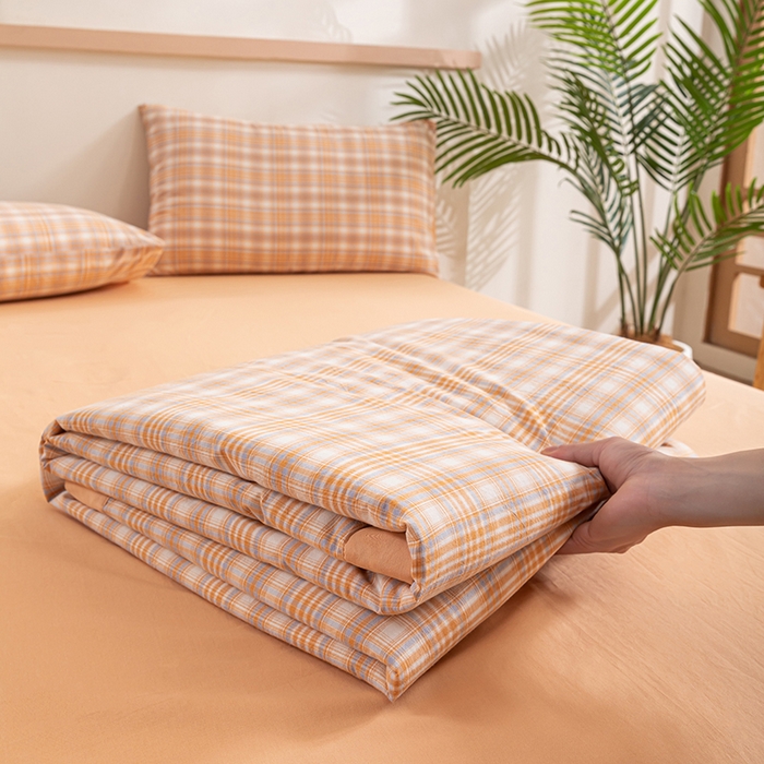 91家纺网 家纺一手货源 找家纺 吾诺 2025 全棉色织水洗棉夏被大豆夏被四件套被子被芯空调被夏凉被 桔色格