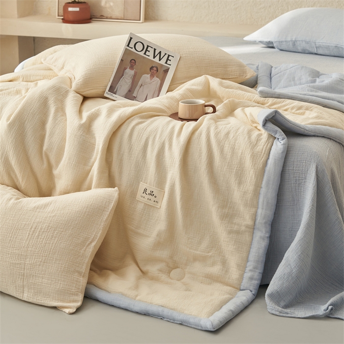 91家纺网 家纺一手货源 找家纺 金鹰2025新款A类纯棉皱皱纱大豆夏被四件套全棉夏凉被空调被 皱皱纱-米黄