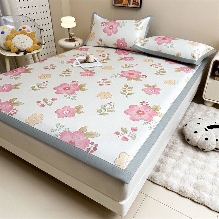 91家纺网 家纺一手货源 找家纺 雯豆2025夏季新品冰藤印花凉席三件套平铺绑带款冰丝凉席三件套 冰藤席-绑带款-梦人花香