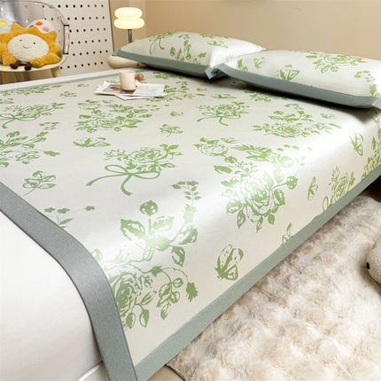 91家纺网 家纺一手货源 找家纺 （总）雯豆2025夏季新品冰藤印花凉席三件套平铺绑带款冰丝凉席三件套