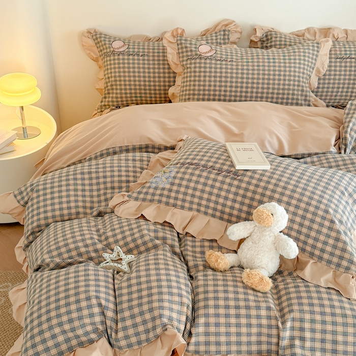 91家纺网 家纺一手货源 找家纺 蜜柚 2025新款色织水洗棉贴布花边款四件套-童趣 童趣-卡其