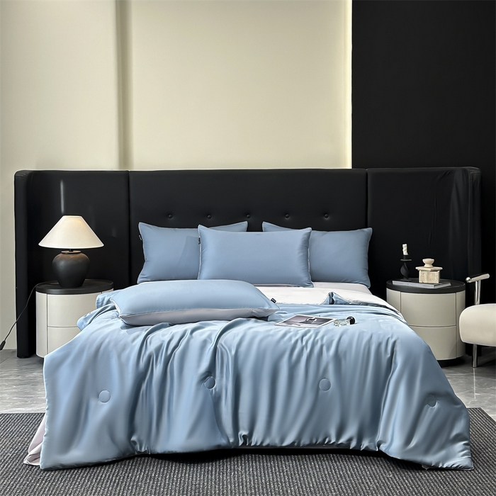 91家纺网 家纺一手货源 找家纺 （总）金鹰 2025新款A类莱赛尔50天丝拼色空调被大豆夏被四件套