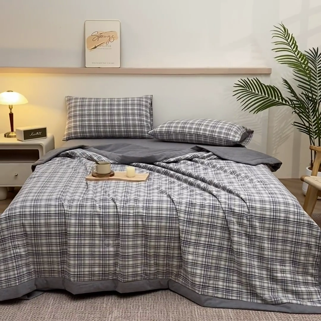 91家纺网 家纺一手货源 找家纺 吾诺 2025 全棉色织水洗棉夏被大豆夏被四件套被子被芯空调被夏凉被 细灰格