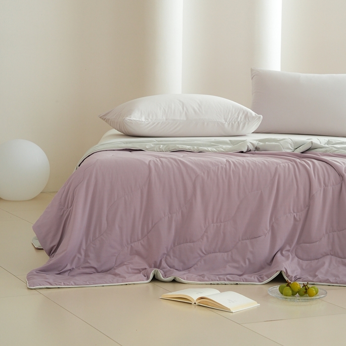 91家纺网 家纺一手货源 找家纺 丽卡家纺2025新款好爽鸭锦氨凉感夏被子被芯 藕紫+浅灰