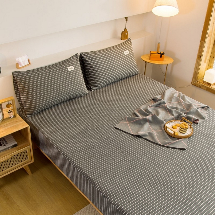 91家纺网 家纺一手货源 找家纺 柠萌家居 2025新款A类全棉色织水洗棉单床笠 中条纹深灰