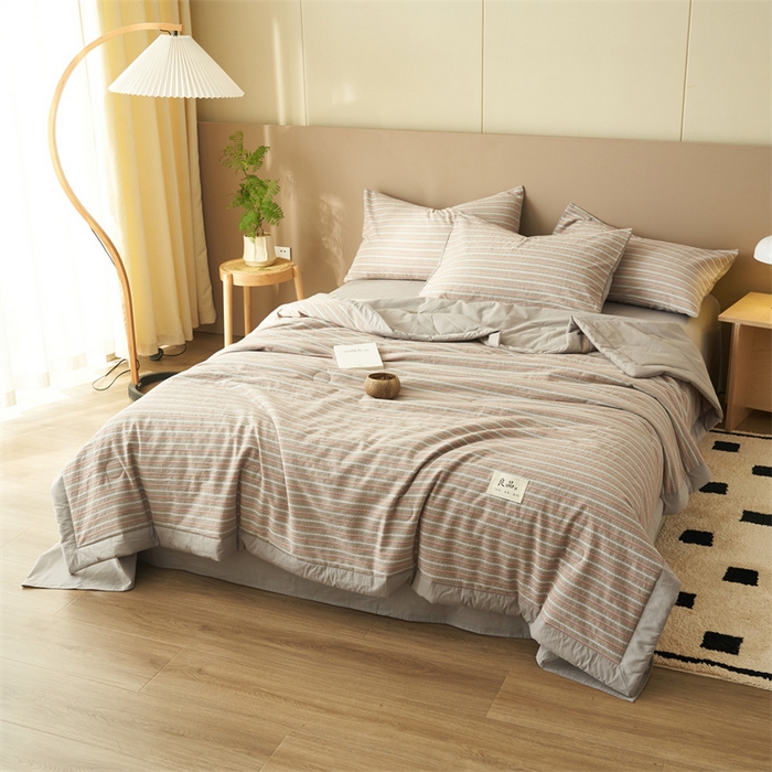 91家纺网 家纺一手货源 找家纺 （总）金鹰 2025新款A类纯棉提花条纹水洗棉大豆全棉夏被空调被四件套