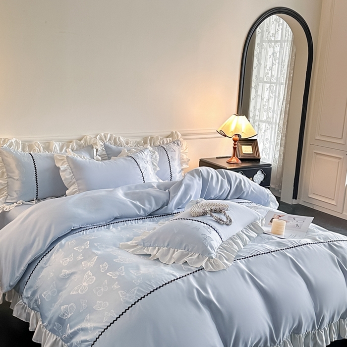 91家纺网 家纺一手货源 找家纺 米彩家纺 2025新款A类水洗真丝亮光浮雕花边四件套 天兰