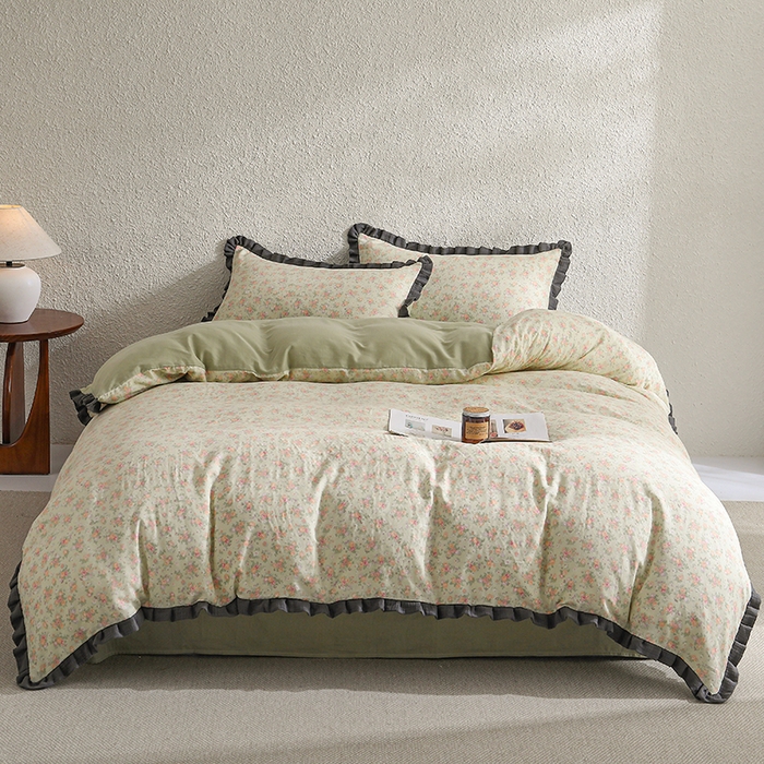 91家纺网 家纺一手货源 找家纺 2025新款A类纯棉双层纱皱皱纱花边四件套（复古风） 清逸