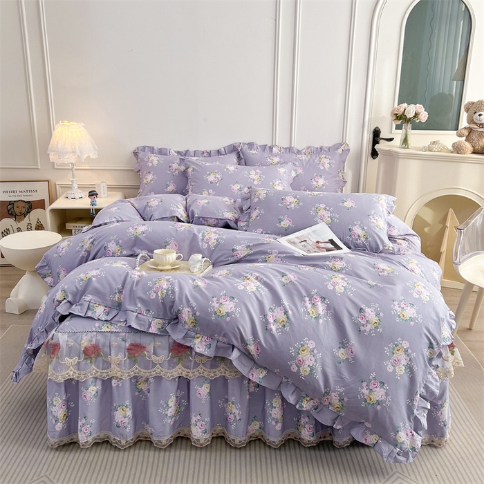 91家纺网 家纺一手货源 找家纺  十个点 2025新款全棉纯棉蕾丝花边床裙 花苒-紫