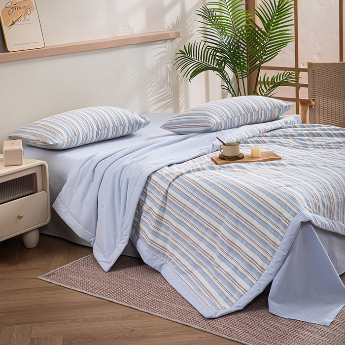 91家纺网 家纺一手货源 找家纺 吾诺 2025 全棉色织水洗棉夏被大豆夏被四件套被子被芯空调被夏凉被 彩条兰