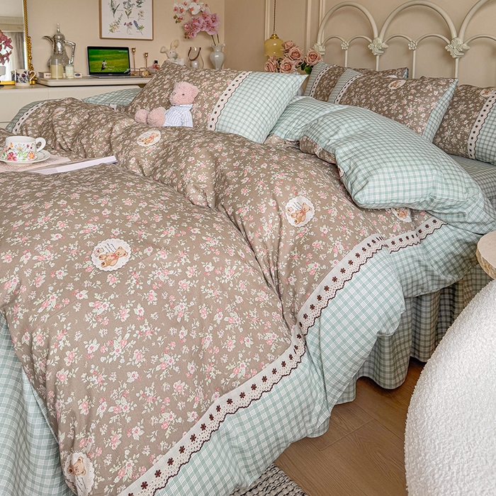 91家纺网 家纺一手货源 找家纺 安莱生活 2025 全棉小碎花刺绣花边款四件套 绿意