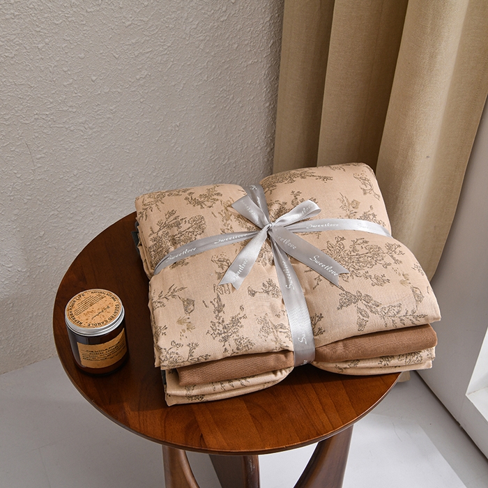 91家纺网 家纺一手货源 找家纺 2025新款A类纯棉双层纱皱皱纱花边四件套（复古风） 烟雨江南-咖