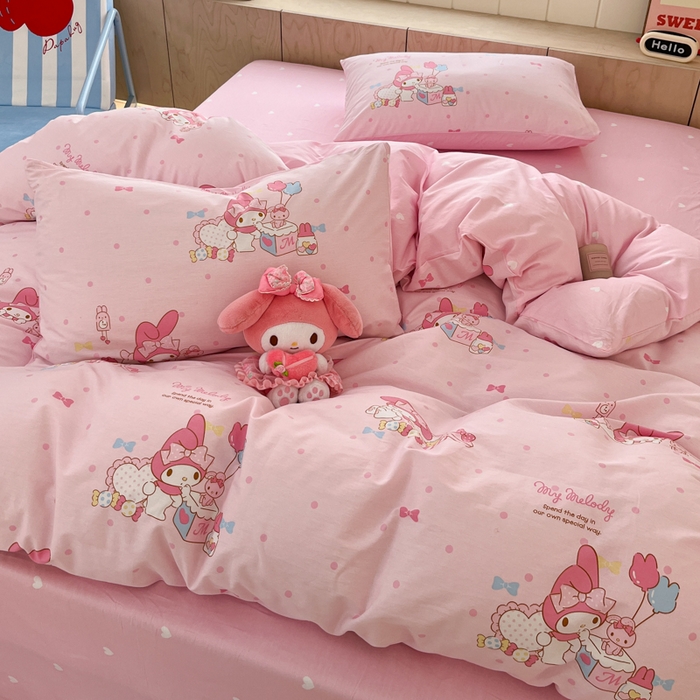 91家纺网 家纺一手货源 找家纺 博雅 2025新款三丽鸥卡通全棉印花小版四件套 粉色点点美乐蒂