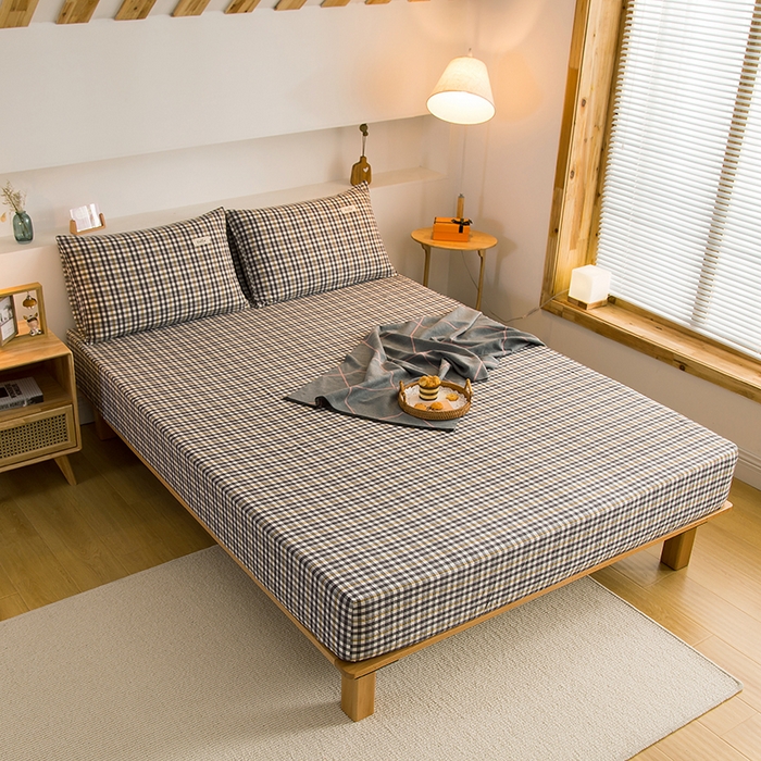 91家纺网 家纺一手货源 找家纺 柠萌家居 2025新款A类全棉色织水洗棉单床笠 灰黄小格