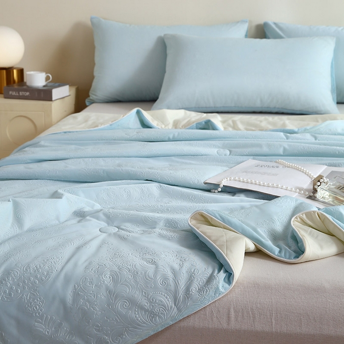 91家纺网 家纺一手货源 找家纺 品乐家纺 2025新款凉感A类可水洗抗菌冰冰被夏被夏凉被空调被被子被芯 冰冰被蓝纹+米