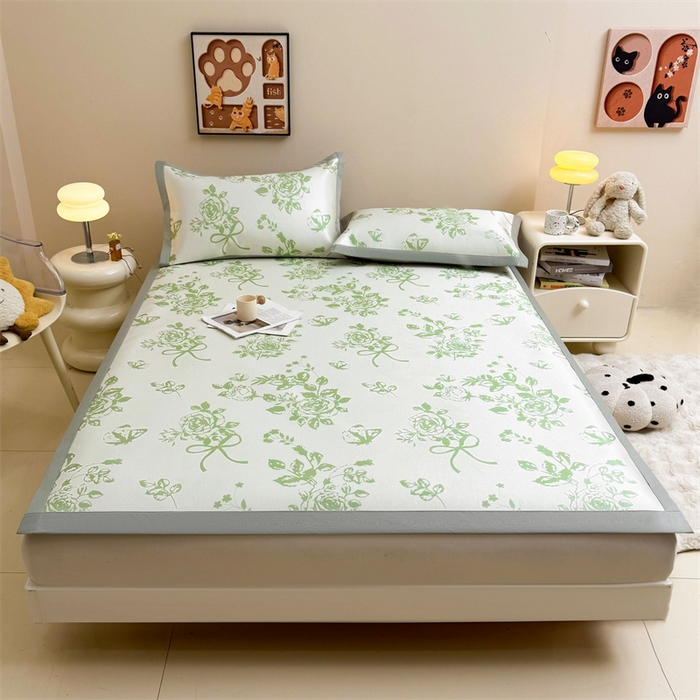 91家纺网 家纺一手货源 找家纺 雯豆2025夏季新品冰藤印花凉席三件套平铺绑带款冰丝凉席三件套 冰藤席-绑带款-青春印记