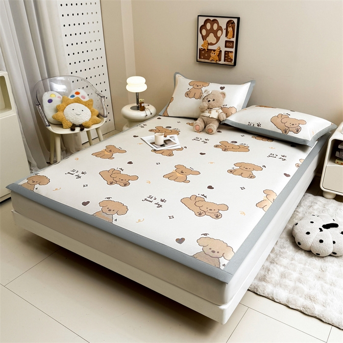 91家纺网 家纺一手货源 找家纺 雯豆2025夏季新品冰藤印花凉席三件套平铺绑带款冰丝凉席三件套 冰藤席-绑带款-阳光狗