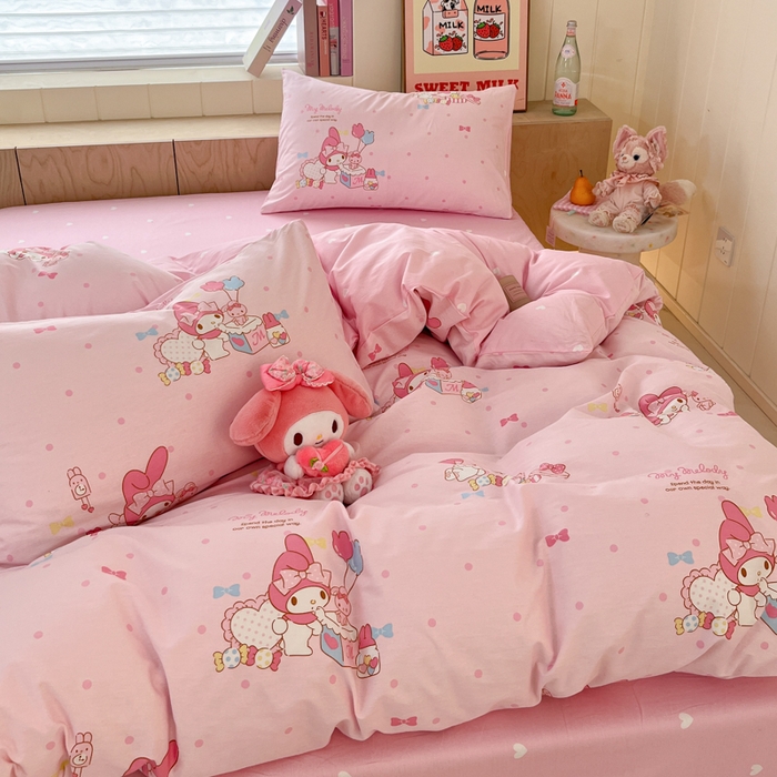 91家纺网 家纺一手货源 找家纺 博雅 2025新款三丽鸥卡通全棉印花小版四件套 粉色点点美乐蒂