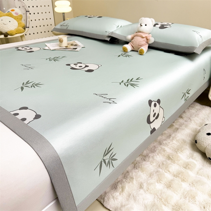 91家纺网 家纺一手货源 找家纺 雯豆2025夏季新品冰藤印花凉席三件套平铺绑带款冰丝凉席三件套 冰藤席-绑带款-熊猫花花