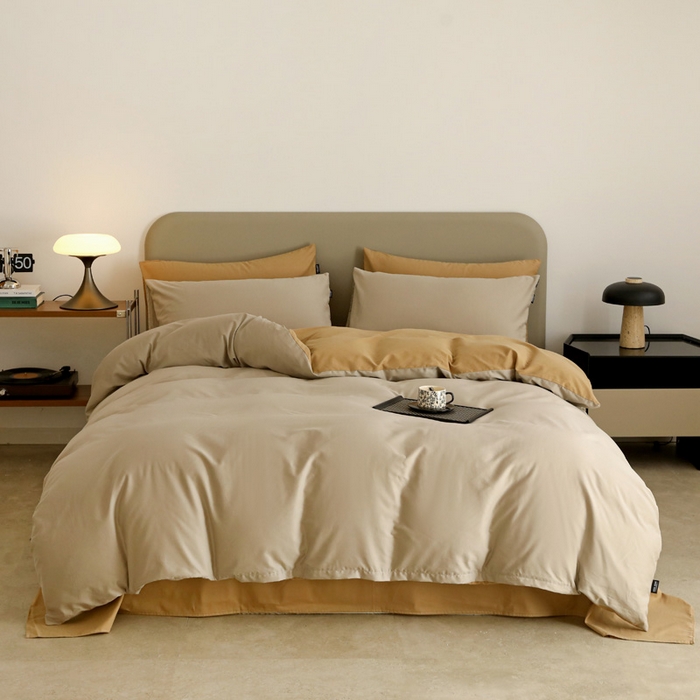 91家纺网 家纺一手货源 找家纺 2025年纯色双拼60支纯棉被套 岩石灰+卡其