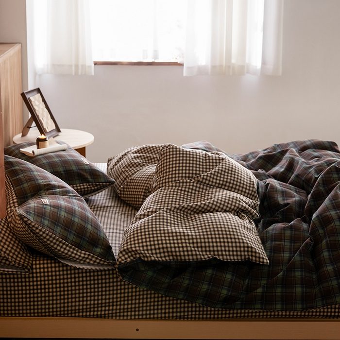 91家纺网 家纺一手货源 找家纺 安莱生活 2025 全棉双层纱苏格兰格纹系列四件套 苏格兰彩格