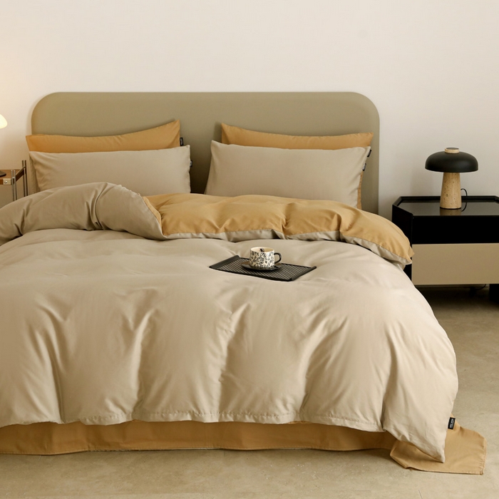 91家纺网 家纺一手货源 找家纺 2025年纯色双拼60支纯棉被套 岩石灰+卡其