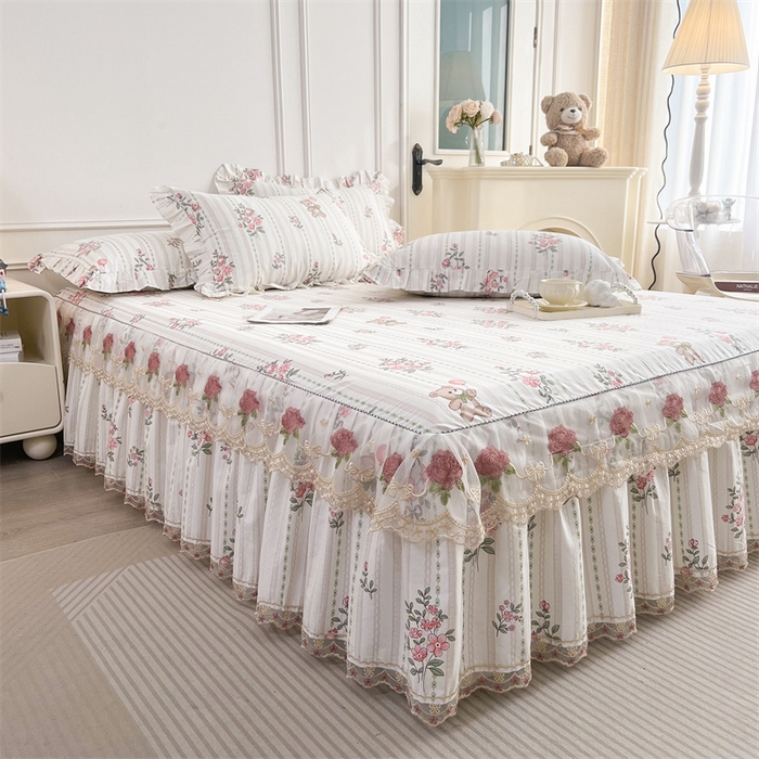 91家纺网 家纺一手货源 找家纺  十个点 2025新款全棉纯棉蕾丝花边床裙 米朵熊