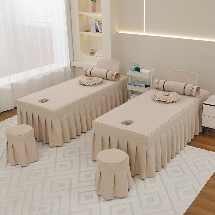 91家纺网 家纺一手货源 找家纺 芙怡 2025春夏新款8026款棉麻绒美容床罩四件套-山茶花系列 山茶花-米黄