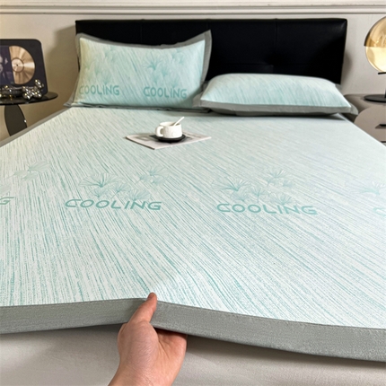 雯豆2025中分子PE凉感冰丝凉席三件套平铺绑带款席子 银杏叶PE席-蓝