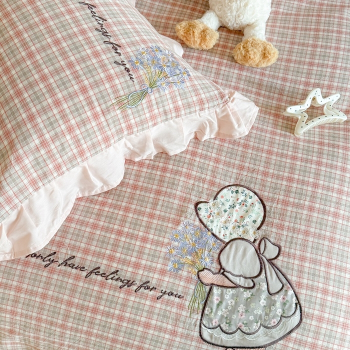 91家纺网 家纺一手货源 找家纺 蜜柚 2025新款色织水洗棉贴布花边款四件套-童趣 童趣-洋气红