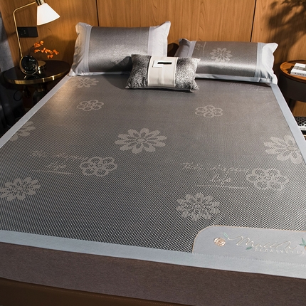 摩妮卡 2025新款刺绣双面冰藤席床席款三件套 缦悦灰