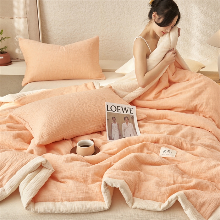 91家纺网 家纺一手货源 找家纺 金鹰2025新款A类纯棉皱皱纱大豆夏被四件套全棉夏凉被空调被 皱皱纱-桔色