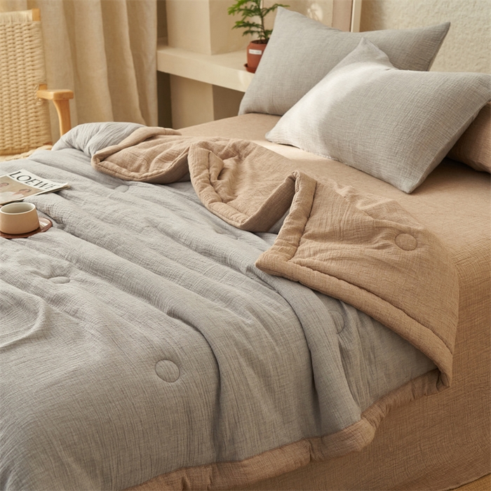 91家纺网 家纺一手货源 找家纺 金鹰2025新款A类纯棉皱皱纱大豆夏被四件套全棉夏凉被空调被 皱皱纱-浅灰