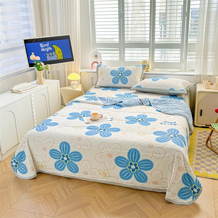 91家纺网 家纺一手货源 找家纺 雯豆2025夏季新品冰丝碳光凉席+凉感丝印花夏被四件套卡通小清新绑带席子四件套 冰丝夏被四件套-艾夏