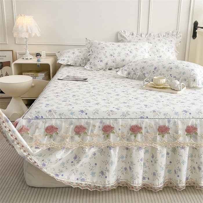 91家纺网 家纺一手货源 找家纺  十个点 2025新款全棉纯棉蕾丝花边床裙 花小莱-紫