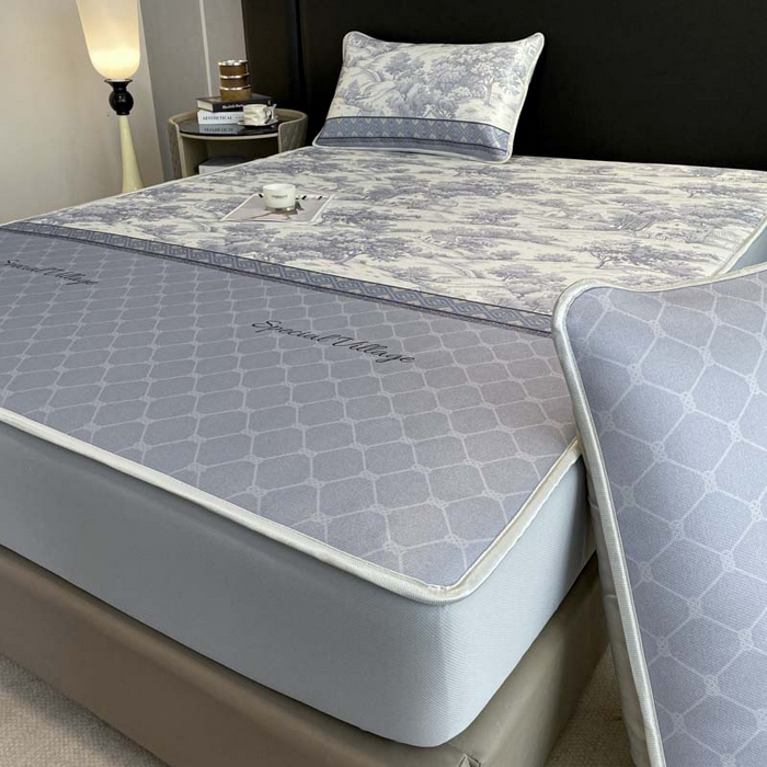 91家纺网 家纺一手货源 找家纺 2025新款印花冰丝凉席反面无纺布 冰丝-床笠款-花海