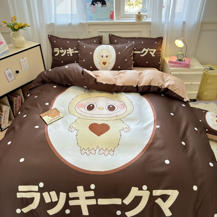 91家纺网 家纺一手货源 找家纺 摩卡（乐趣） 2025新款水洗真丝数码印花卡通兔系列四件套 咖啡兔