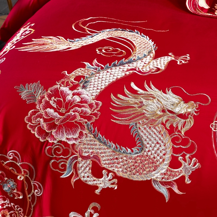 91家纺网 家纺一手货源 找家纺 慕她家纺 慕她婚庆四件套大红色磨毛亲肤棉刺绣结婚工艺款床上用品 幸福龙凤