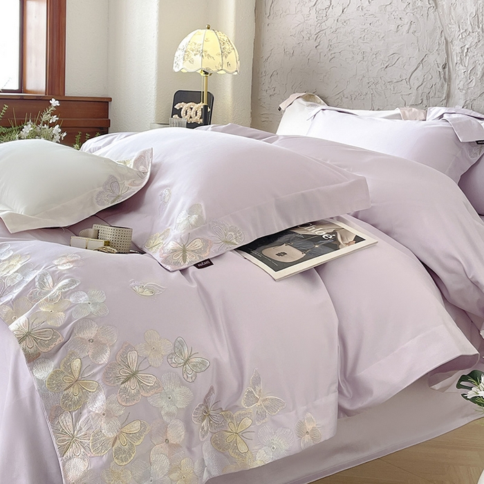 91家纺网 家纺一手货源 找家纺 春夏A类长绒棉夹棉床盖床笠四件套全棉纯棉纯色绗绣四季款保护罩高级感床上用品 茉婉-黛紫