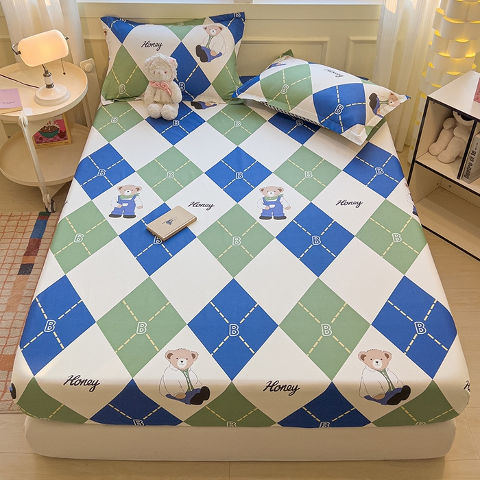 91家纺网 家纺一手货源 找家纺 拾物记 2025新款A类无荧光全喷气全棉12868单床笠 英伦熊