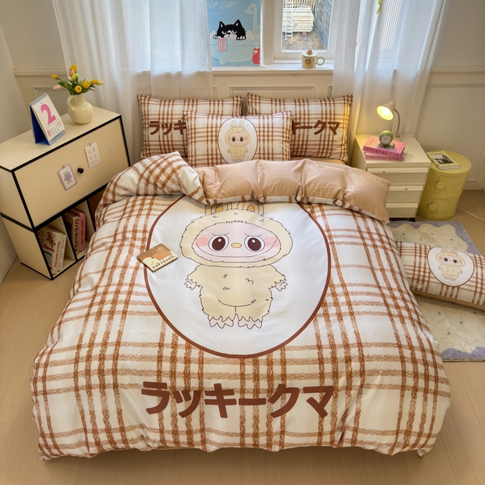 91家纺网 家纺一手货源 找家纺 摩卡（乐趣） 2025新款水洗真丝数码印花卡通兔系列四件套 兔奶糖